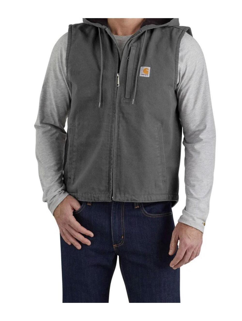 Carhartt Vest Mens Small gray Washed Duck Canvas Hooded Fleece Zip 103837